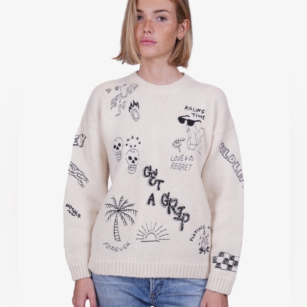 MOTHER Cream Crewneck Sweater with Black Graphic Embroidery